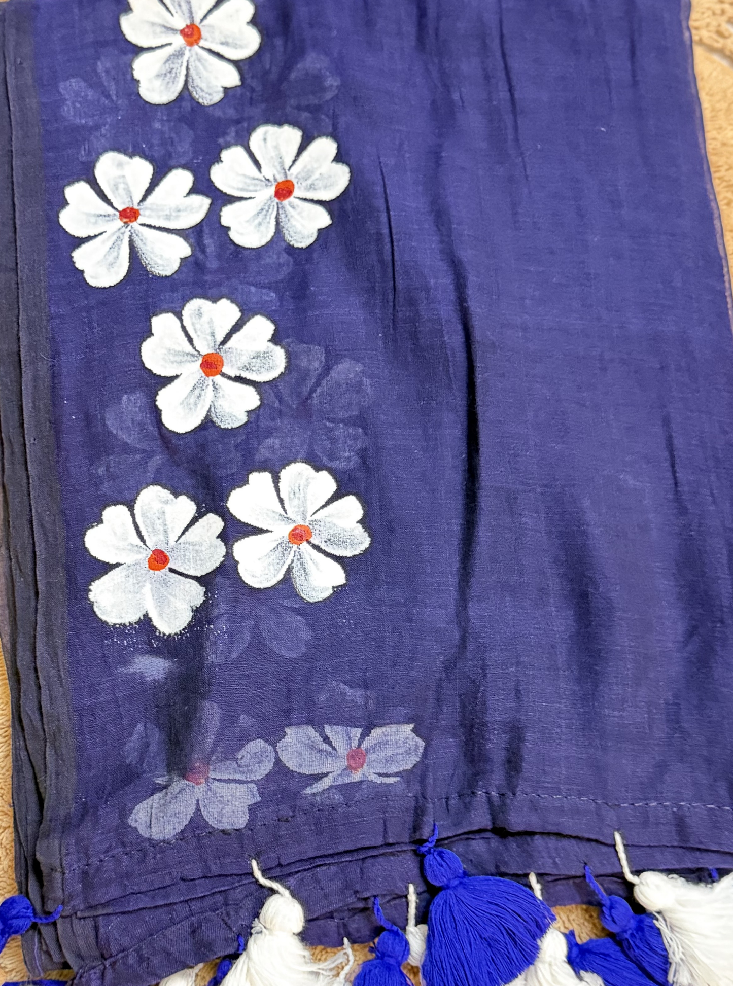 Indigo Mul Cotton Saree with Handpainted Floral Motifs & Dual-Tone Tassels