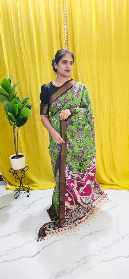 Luxurious Green Kalamkari Mangalagiri Silk Saree with Nizam Border and Hand Block Design