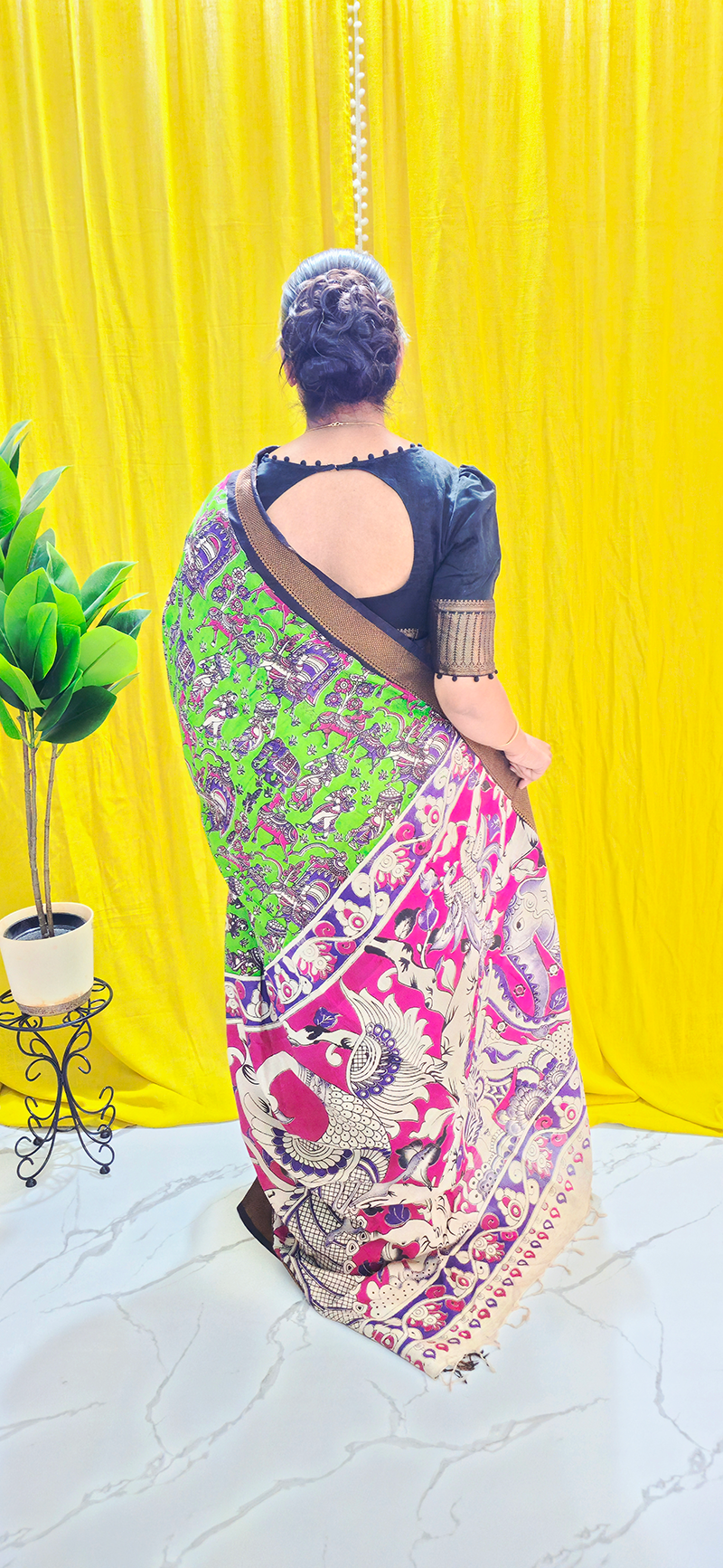 Luxurious Green Kalamkari Mangalagiri Silk Saree with Nizam Border and Hand Block Design