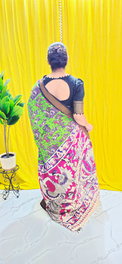 Luxurious Green Kalamkari Mangalagiri Silk Saree with Nizam Border and Hand Block Design