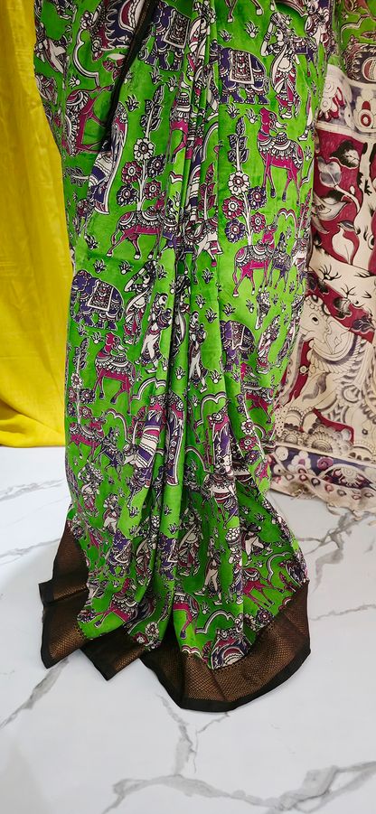 Luxurious Green Kalamkari Mangalagiri Silk Saree with Nizam Border and Hand Block Design