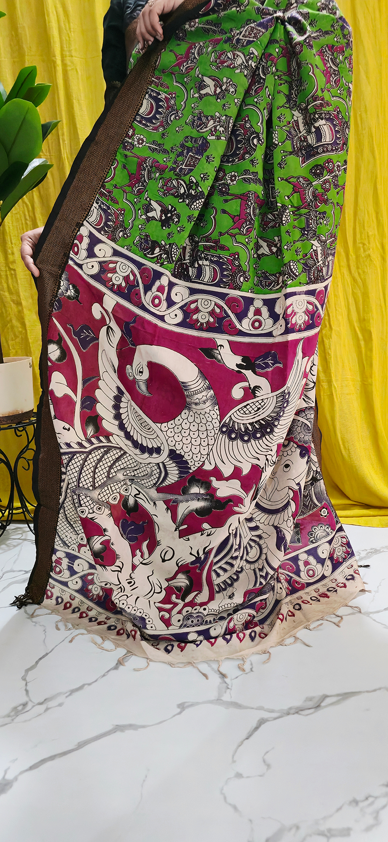 Luxurious Green Kalamkari Mangalagiri Silk Saree with Nizam Border and Hand Block Design