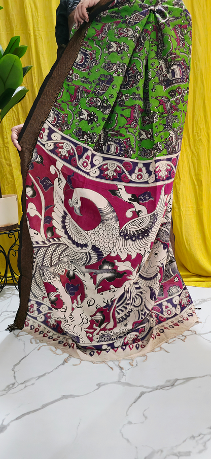 Luxurious Green Kalamkari Mangalagiri Silk Saree with Nizam Border and Hand Block Design