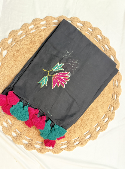 Black Mul Cotton Saree with Sequin Floral Embroidery & Contrast Tassels