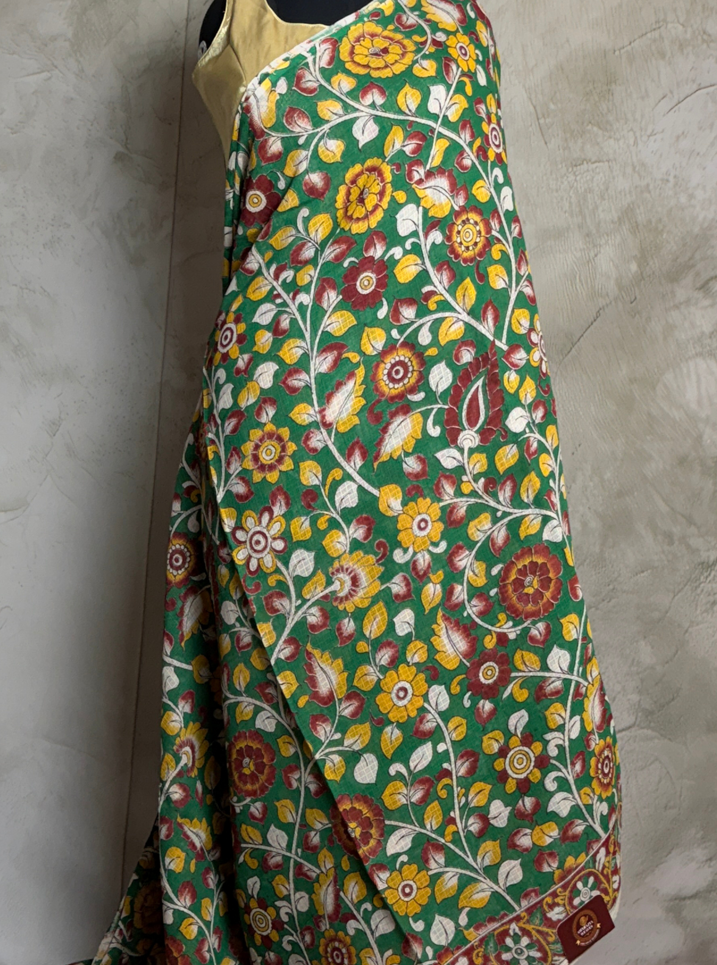 Emerald Green Kota Cotton Saree with Multicolor Floral Vine Motifs