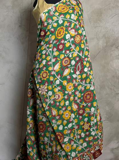 Emerald Green Kota Cotton Saree with Multicolor Floral Vine Motifs