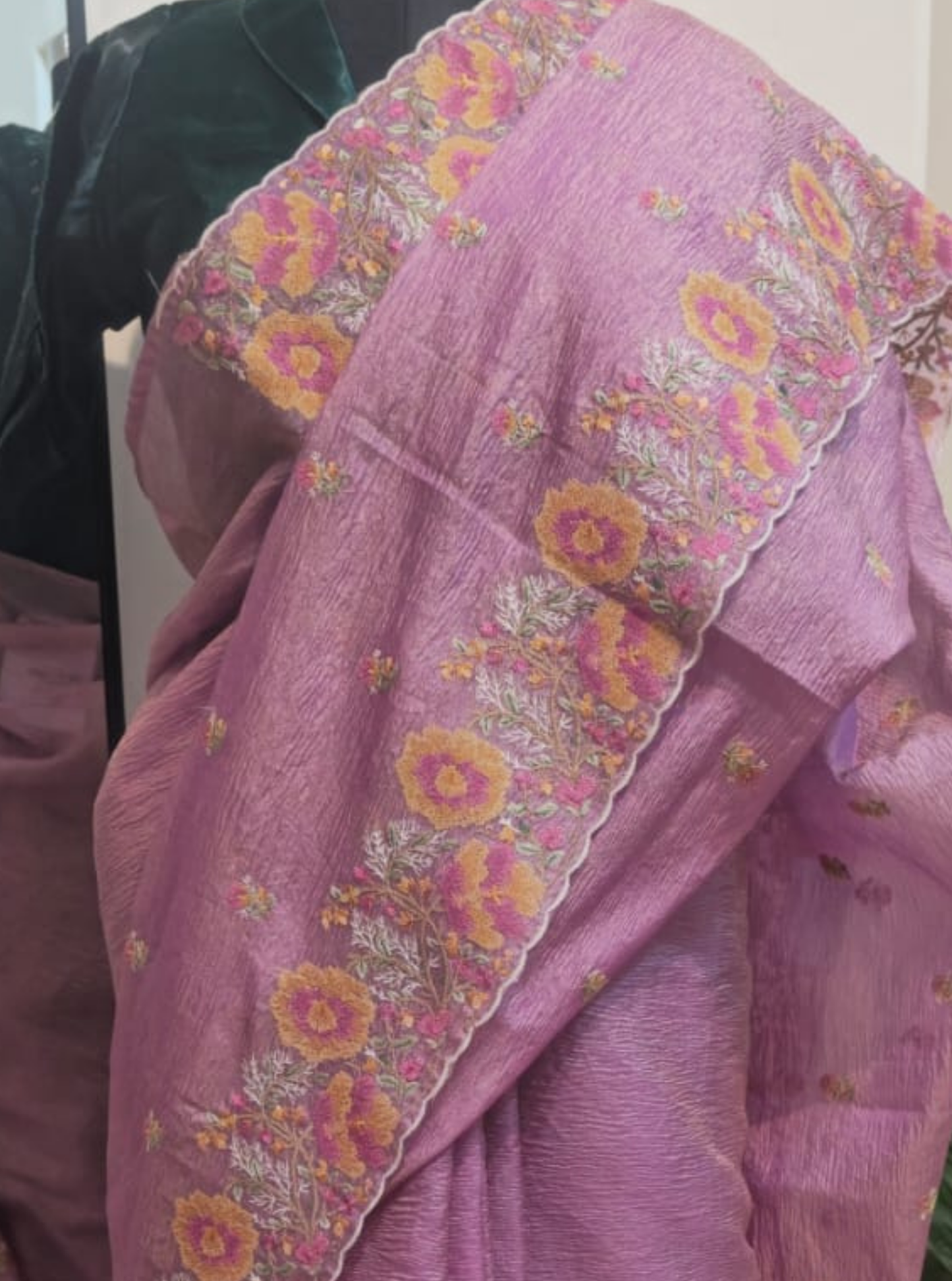 Lavender Crushed Tissue Saree with Floral Embroidered Border