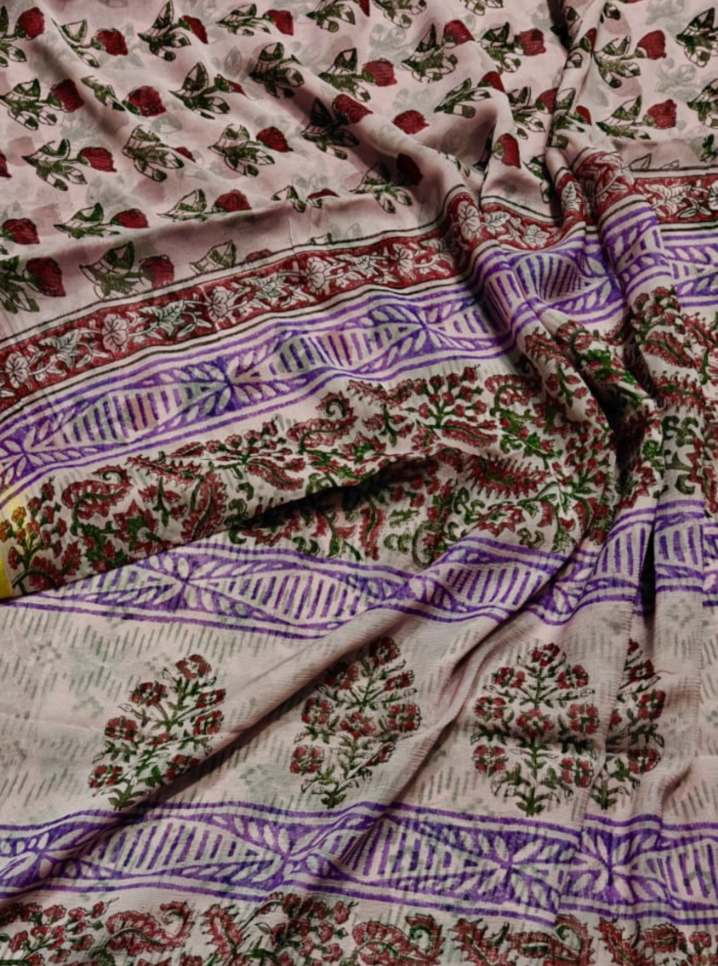 Beige Chiffon Double Diamond Saree with Floral Buta & Multicolor Border