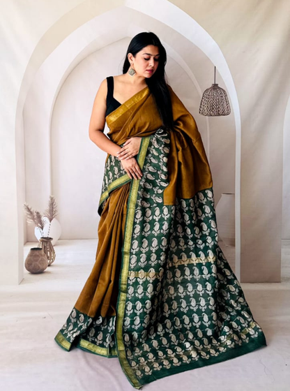Olive Mustard Maheshwari Silk Saree with Green Woven Pallu