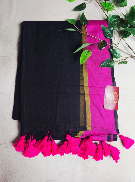 Classic Black Mul Cotton Saree with Contrast Pink Border & Tassel Pallu