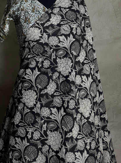 Black & Ivory Cotton Kalamkari Saree with Floral Vine Prints