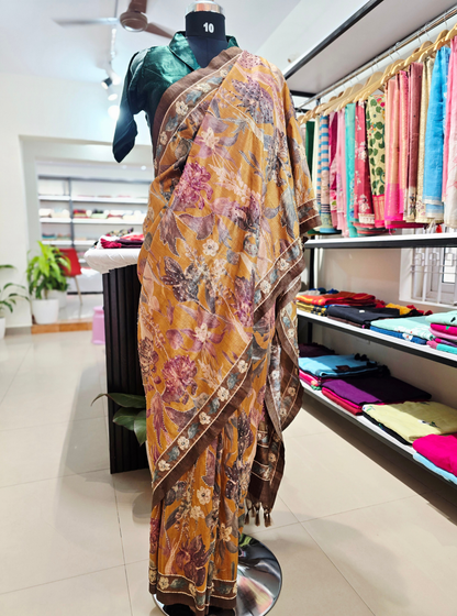Elegant Mustard Tussar Silk Saree with Floral Embroidery