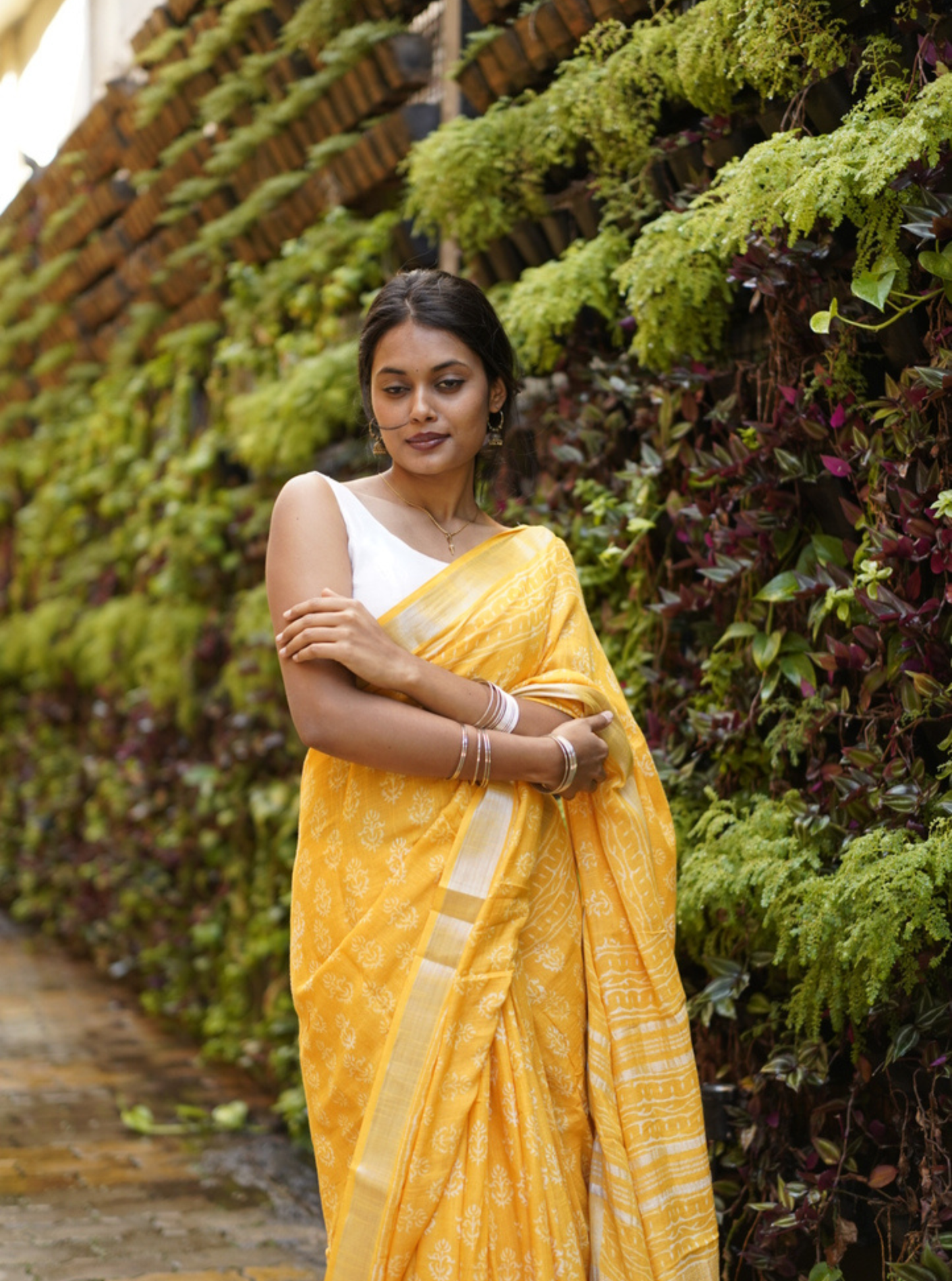 Sunshine Yellow Hand-Printed Linen Cotton Saree with Classic Borders