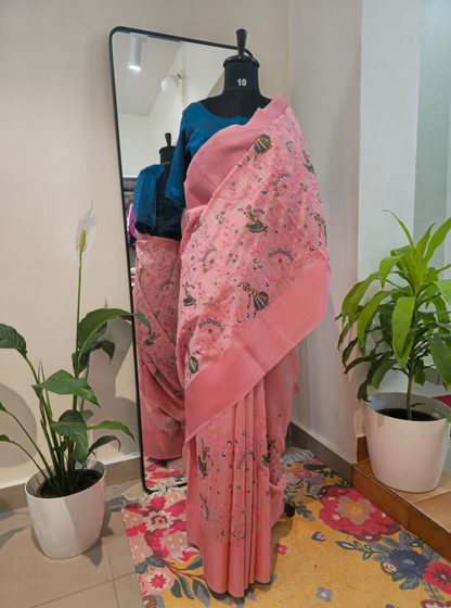 Blush Pink Tussar Silk Saree with Artistic Embroidery Motifs