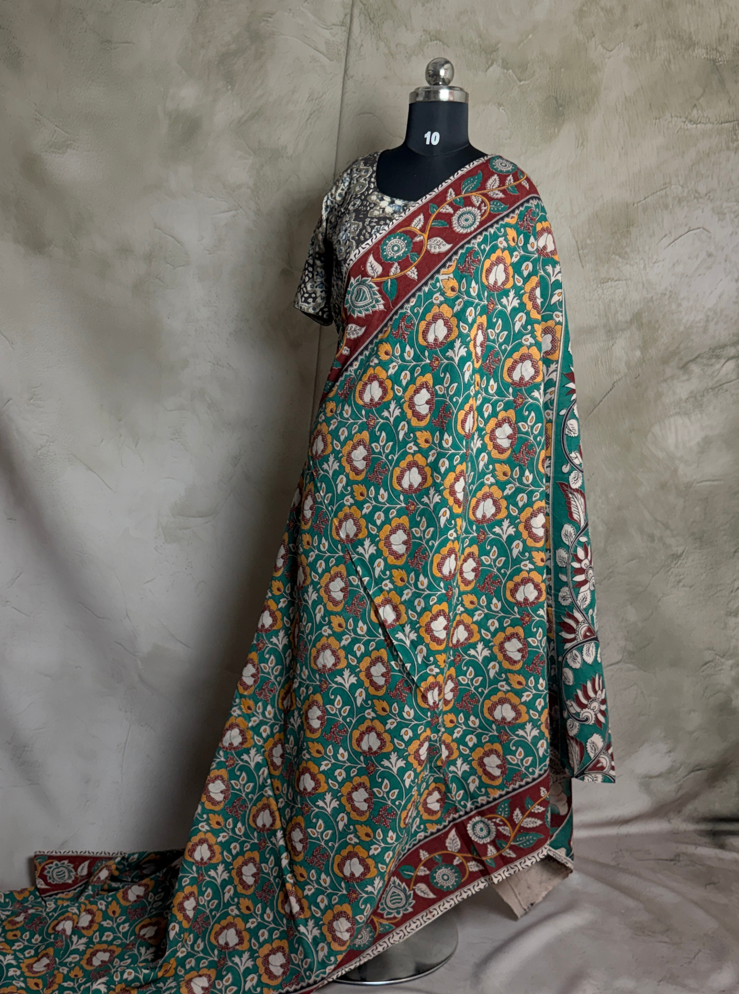 Teal Green kalamkari Cotton Saree with Floral Buti Print & Maroon Ethnic Border