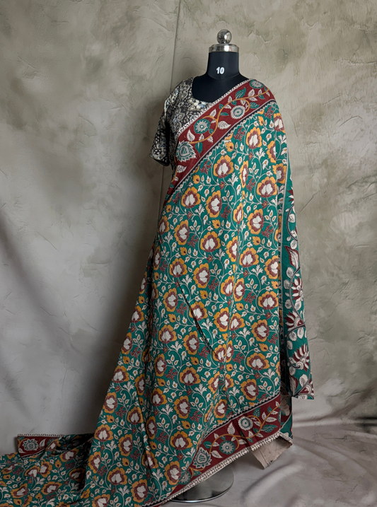 Teal Green kalamkari Cotton Saree with Floral Buti Print & Maroon Ethnic Border
