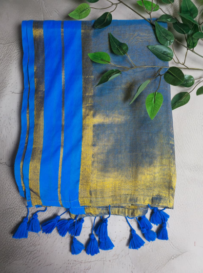 Blue & Gold Tissue Cotton Saree with Contrast Border