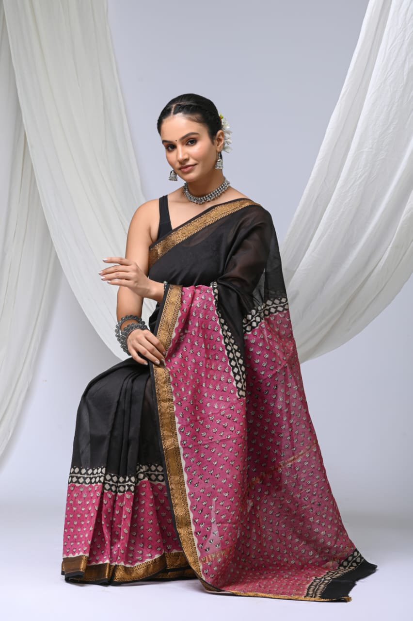 Black Maheshwari Silk Ajrakh Saree – Pink Pallu & Gold Border