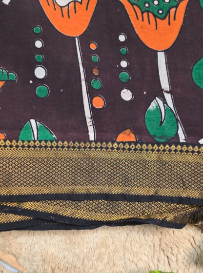Chocolate Brown Kalamkari Mangalagiri Silk Saree with Hand-Printed Floral Motifs & Zari Border