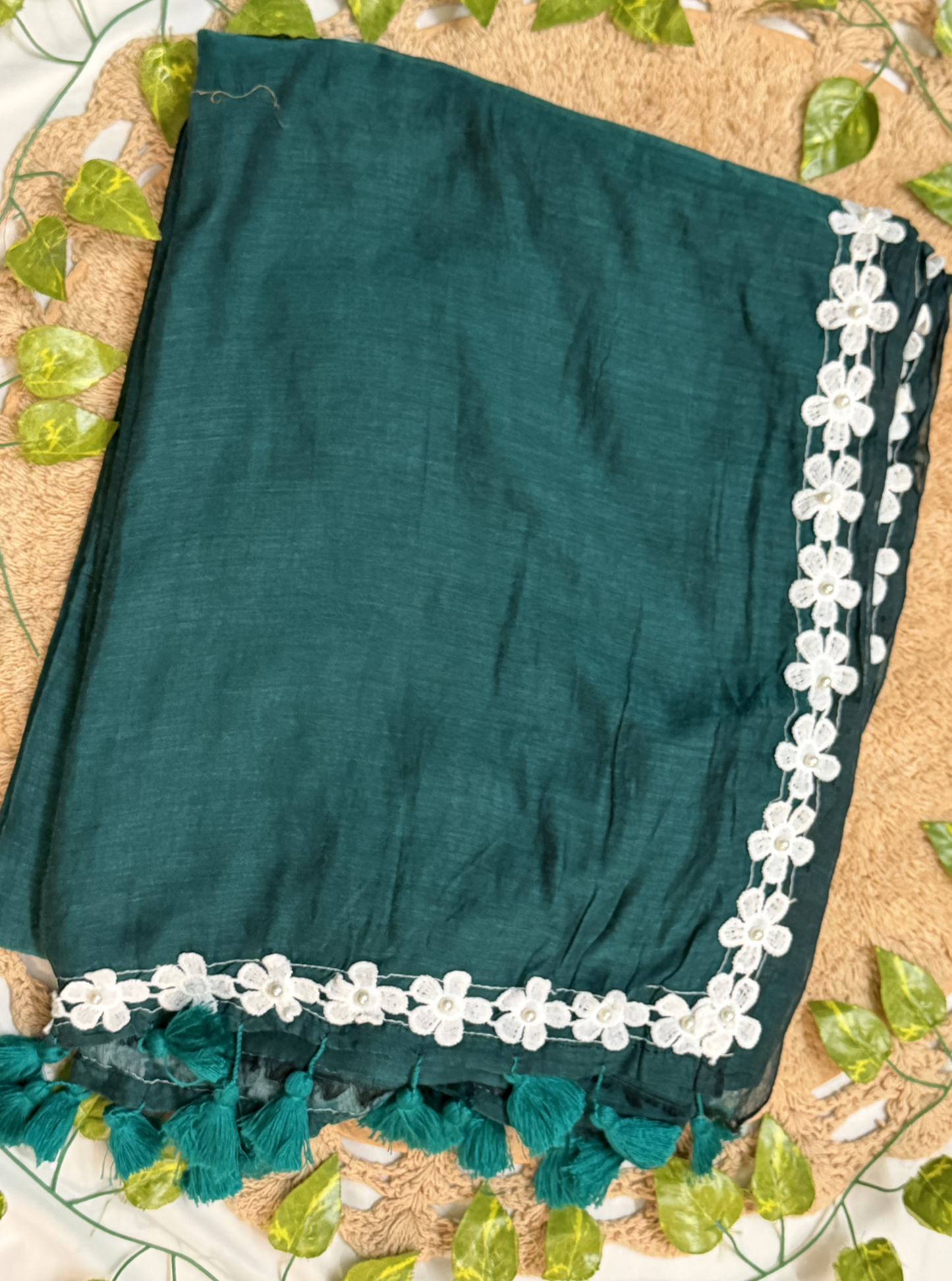 Emerald Green Mul Cotton Saree with White Floral Lace Border