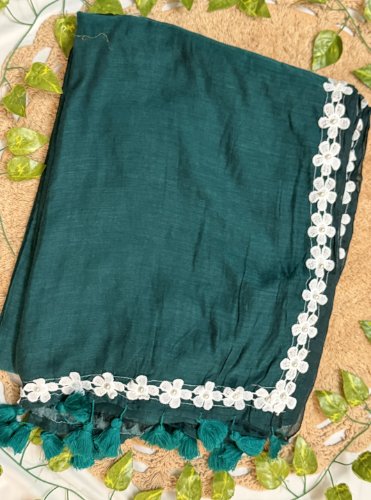 Emerald Green Mul Cotton Saree with White Floral Lace Border
