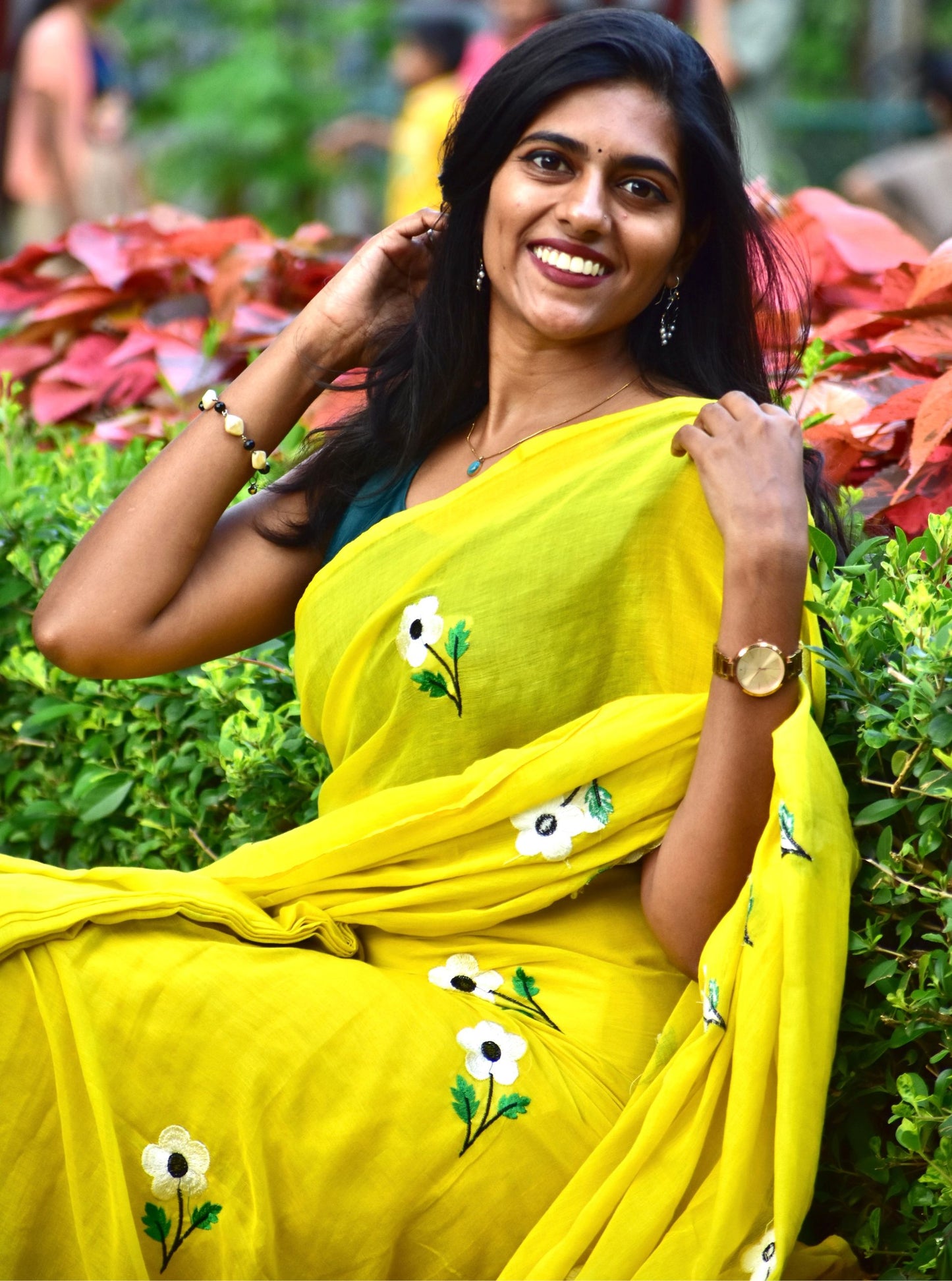 Sunshine Yellow Mul Cotton Saree with Delicate Floral Embroidery