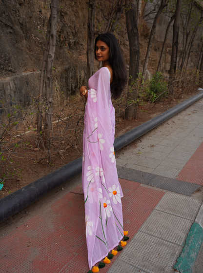 Pastel Pink Hand-Painted Mul Cotton Saree with Floral Art