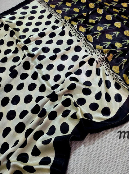 Ivory & Black Modal Silk Ajrakh Saree with Polka Motifs – Naturally Dyed Handcrafted Elegance