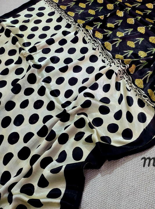 Ivory & Black Modal Silk Ajrakh Saree with Polka Motifs – Naturally Dyed Handcrafted Elegance