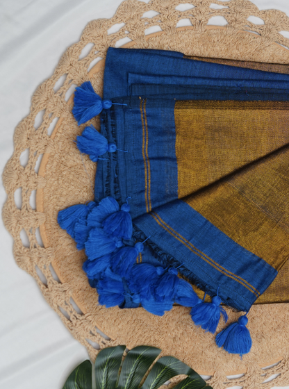 Royal Blue Mul Cotton Saree with Rich Gold Pallu & Tassels