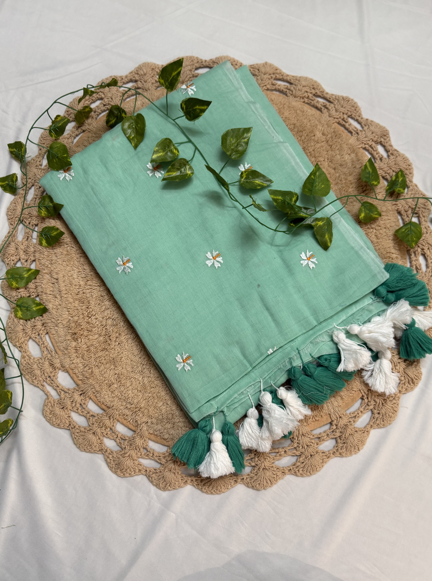 Mint Green Mul Cotton Saree with Floral Butti & Dual-Tone Tassels