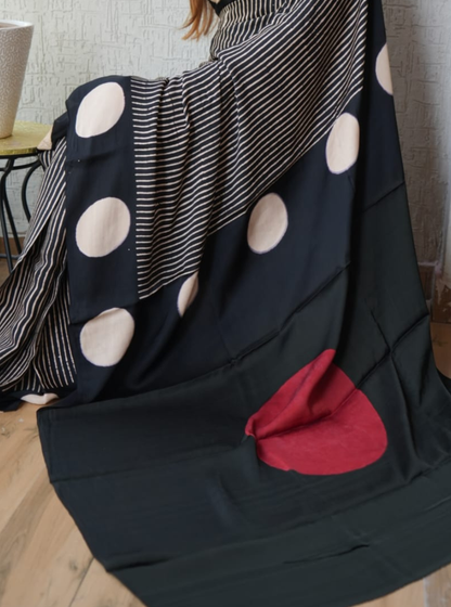 Bold Geometry Modal Silk Ajrakh Saree with Hand-Blocked Polka & Stripe Motifs