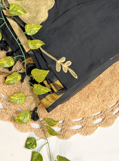 Midnight Black Mul Cotton Saree with Golden Leaf Design & Tassels