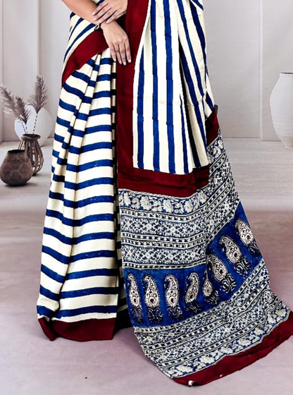 Cream & Blue Modal Silk Saree with Stripes & Ajrakh-Inspired Pallu