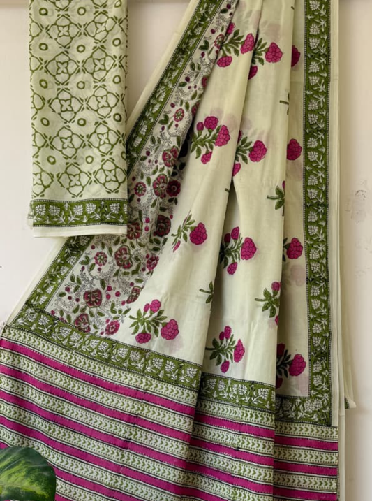 Ivory, Green & Pink Bagru Print Cotton Saree with Floral Stripes