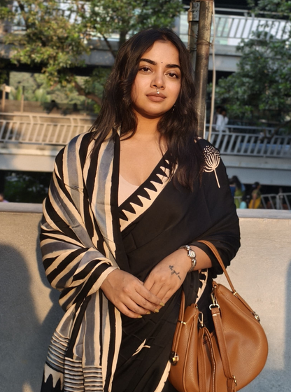 Midnight Bloom Modal Silk Hand-Blocked Ajrakh Saree