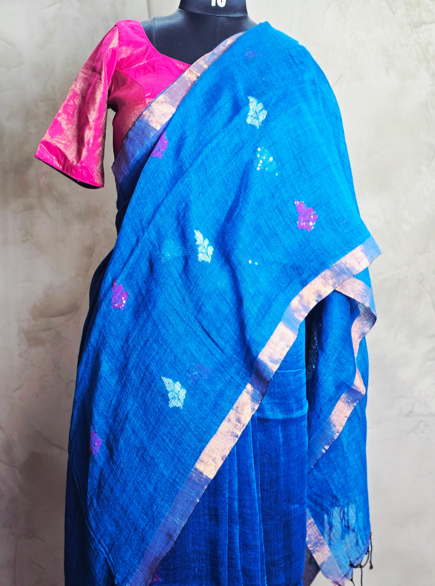 Royal Blue Linen Cotton Saree with Subtle Motifs