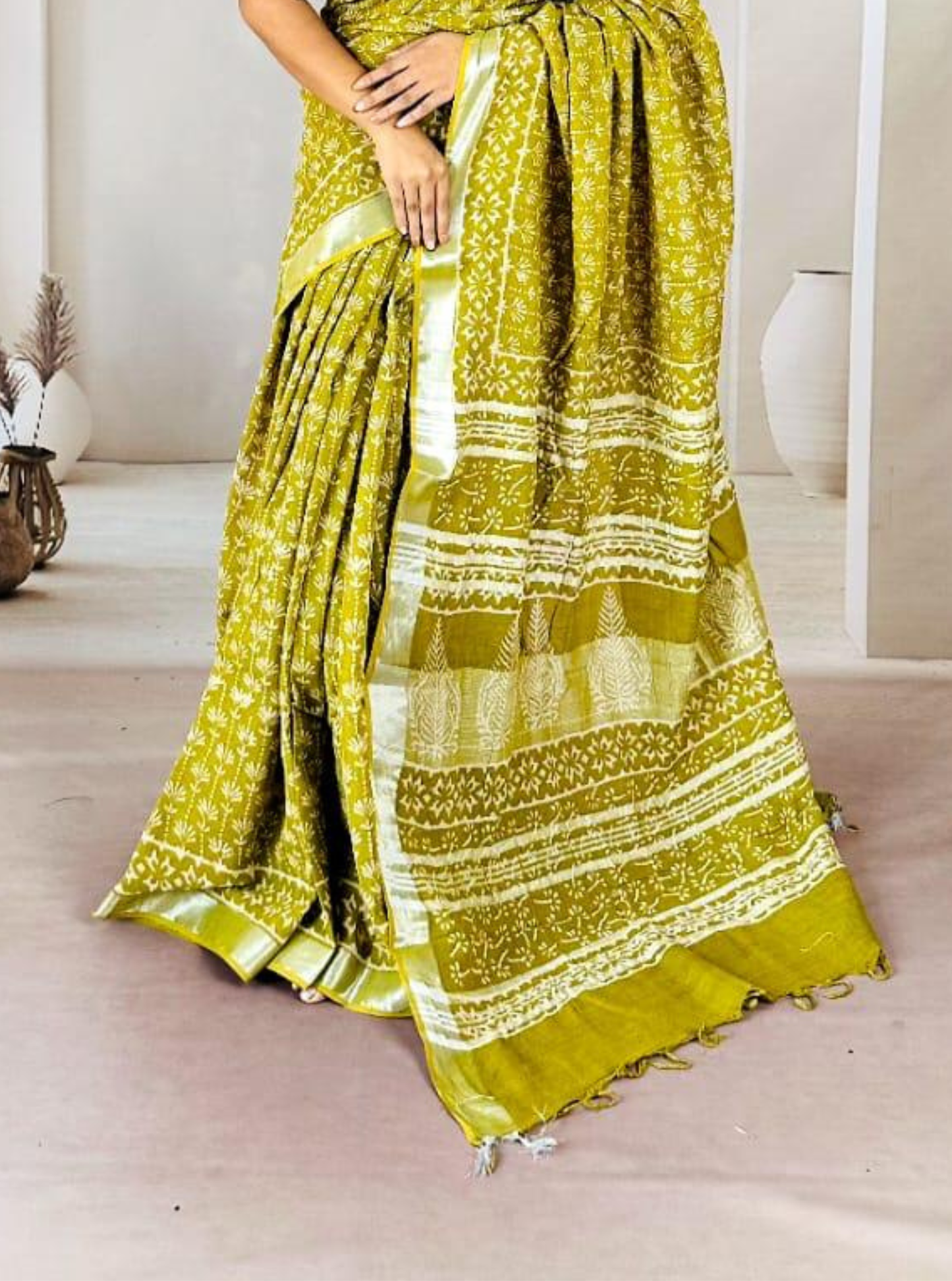 Mustard Yellow Hand-Printed Linen Cotton Saree with Silver Border