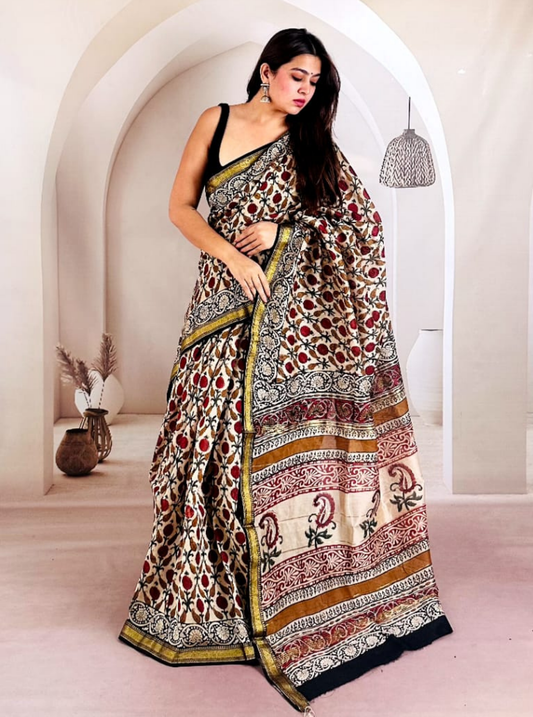 Ivory Maheshwari Silk Saree with Kalamkari-Inspired Motifs