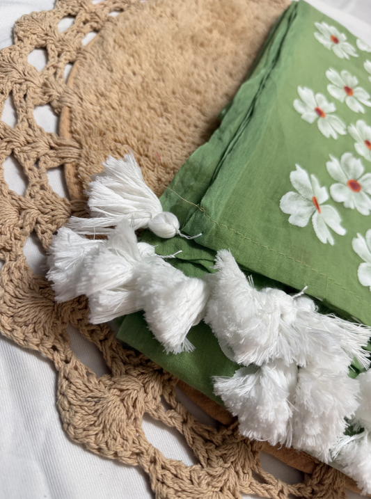Elegant Olive Green Hand-Painted Mul Cotton Saree with Floral Motifs & White Tassels