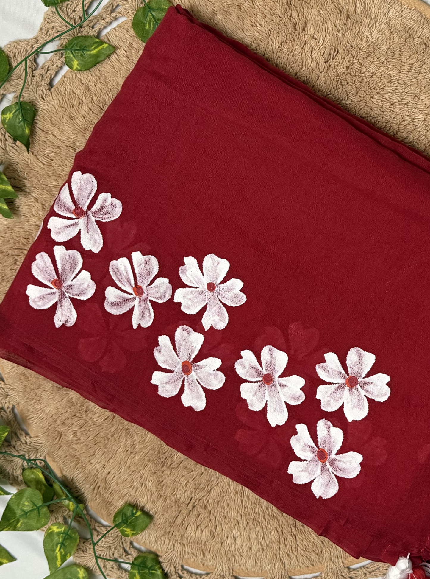 Vibrant Red Hand-Painted Mul Cotton Saree with Floral Motifs
