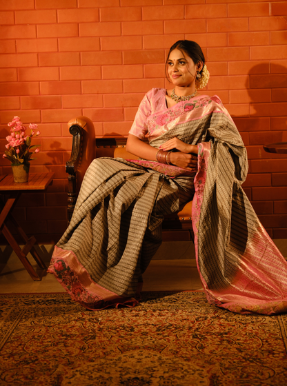 Elegant Grey Designer Silk Saree with Pink Embroidered Border