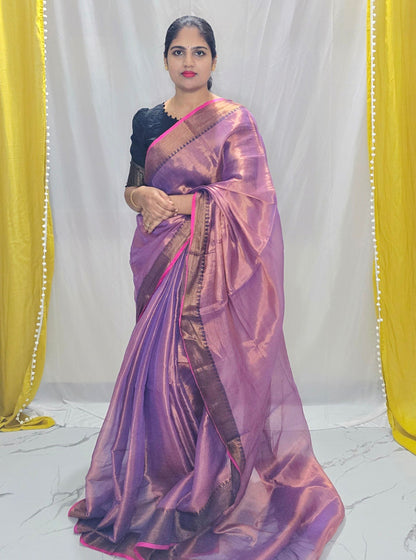 Lavender Rose Tissue Cotton Saree with Antique Zari Border & Pink Selvedge
