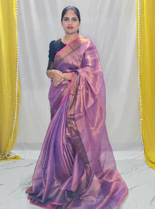 Lavender Rose Tissue Cotton Saree with Antique Zari Border & Pink Selvedge