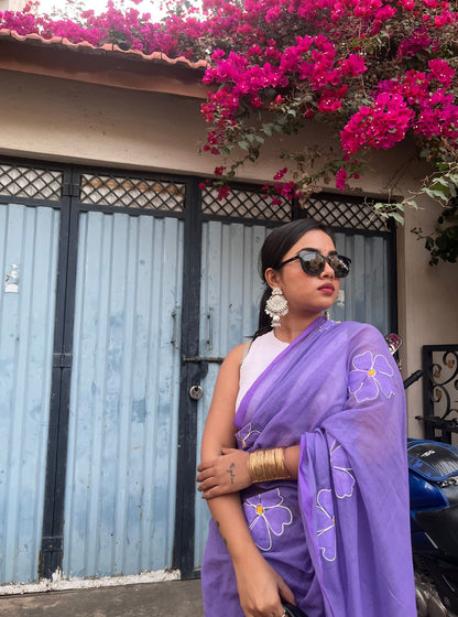 Lavender Mul Cotton Saree with Minimal Floral Handwork