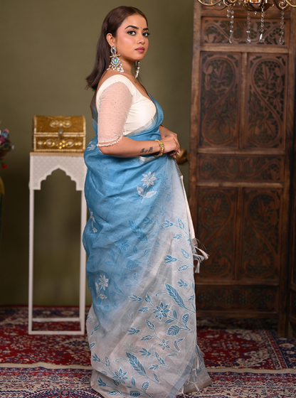 Sky Blue Kota Applique Cutwork Saree with Floral Detailing