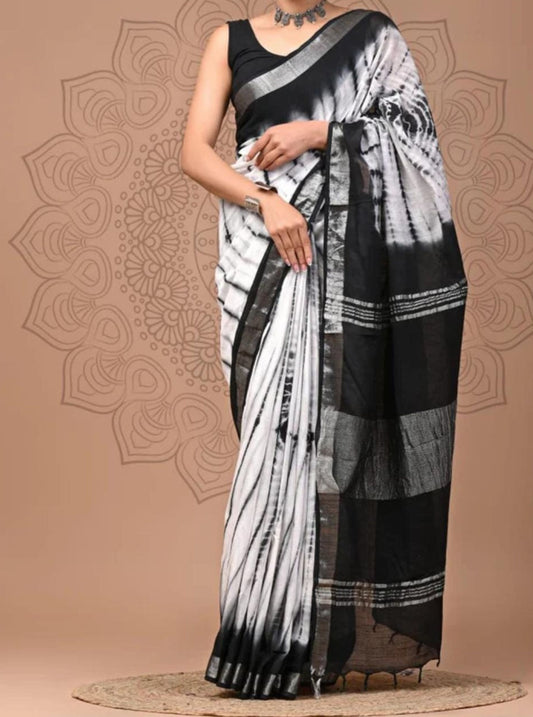 Classic Black & White Linen Cotton Saree with Contemporary Tie-Dye Accents
