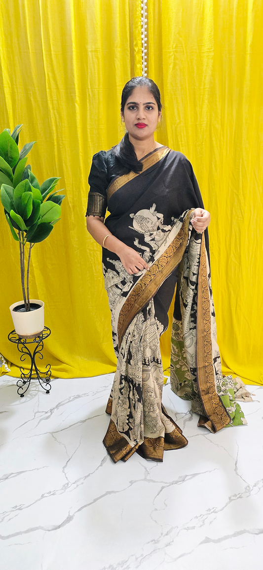Beautiful Black and Green Kalamkari Mangalagiri Silk Saree with Nizam Border and Hand Block Design