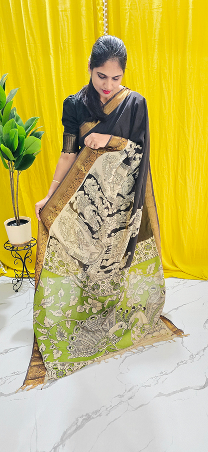 Beautiful Black and Green Kalamkari Mangalagiri Silk Saree with Nizam Border and Hand Block Design