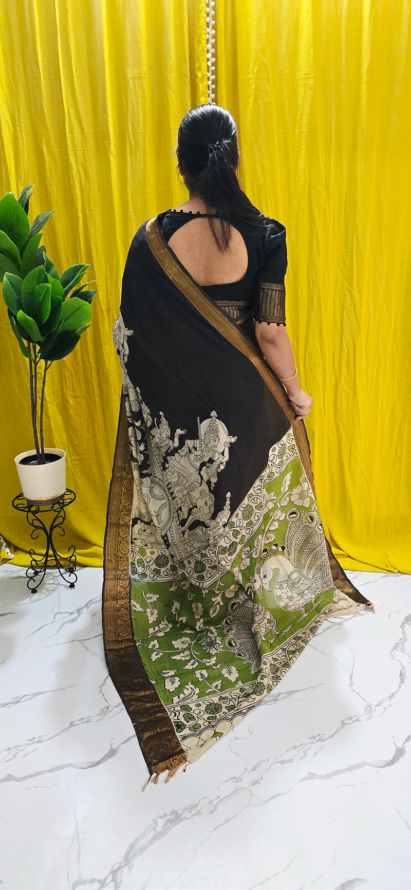 Beautiful Black and Green Kalamkari Mangalagiri Silk Saree with Nizam Border and Hand Block Design